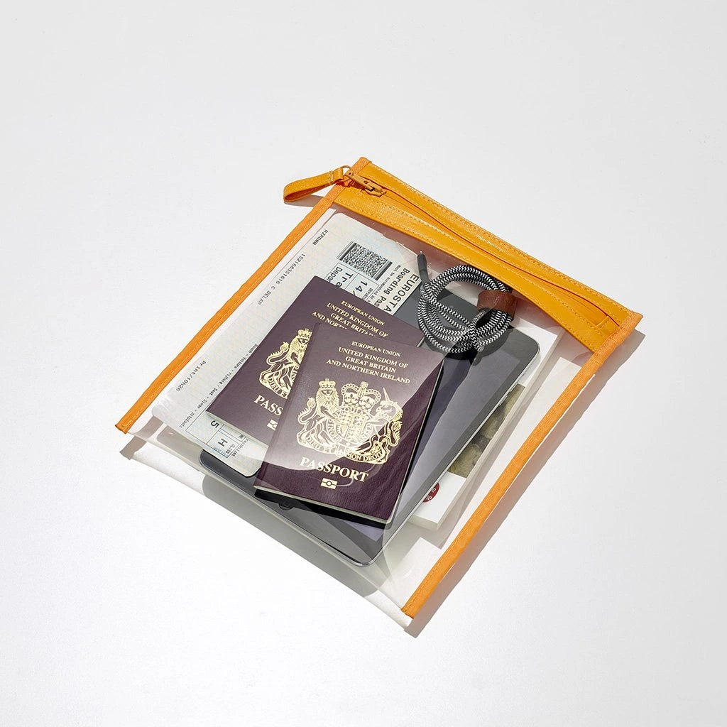 Still life of travel essentials in a clear orange-trimmed pouch containing two burgundy UK passports, a Eurostar boarding pass indicating Delhi, and a black and white braided cable